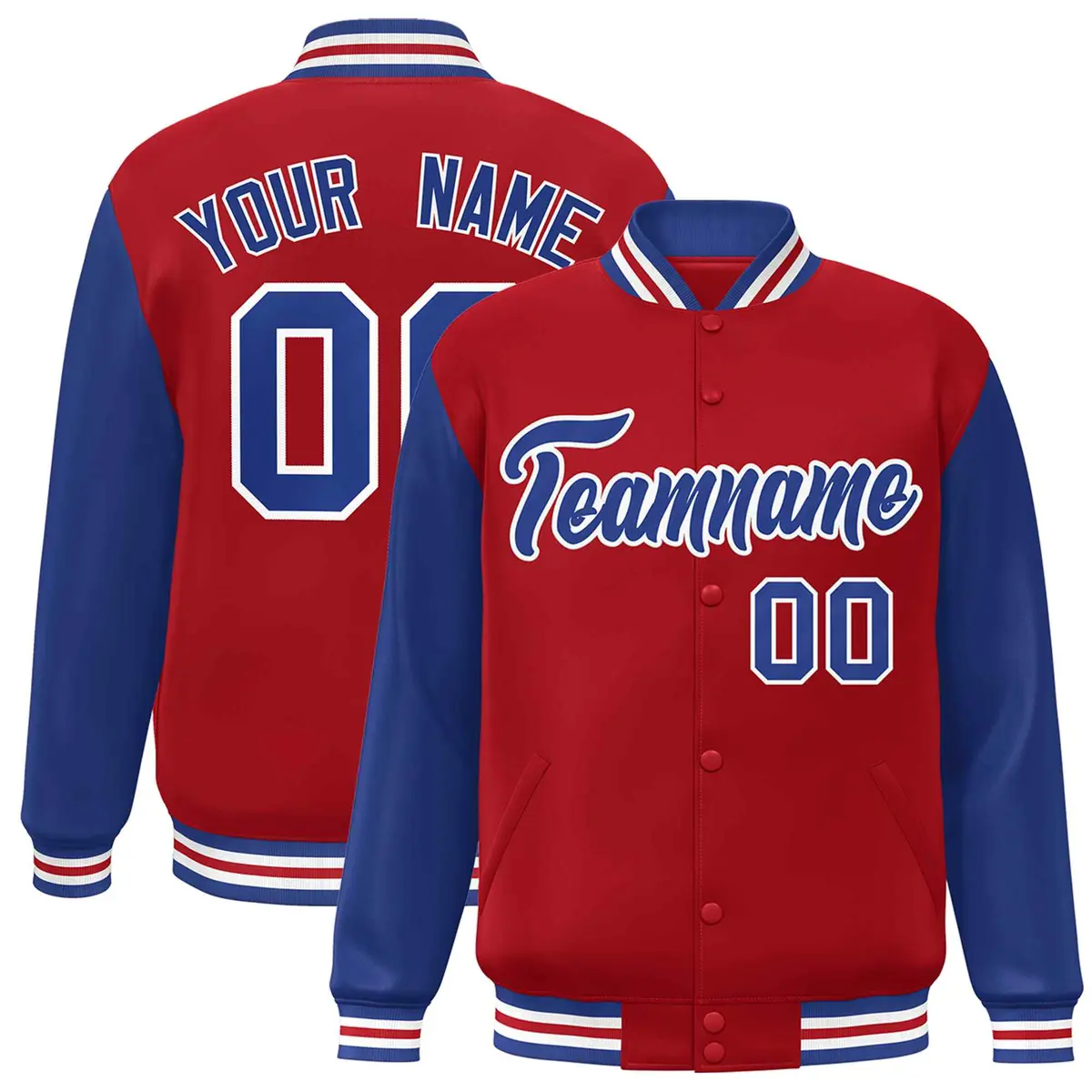 Red Royal-White Raglan Sleeves Varsity Full-Snap Letterman Jacket