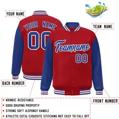 Red Royal-White Raglan Sleeves Varsity Full-Snap Letterman Jacket 2
