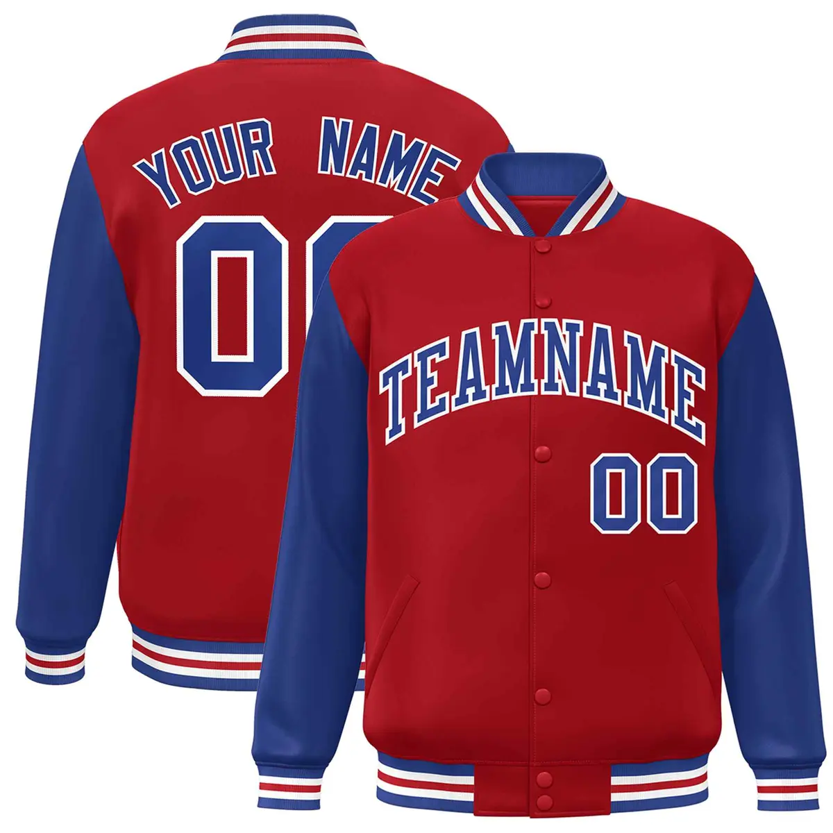 Red Royal-White Raglan Sleeves Varsity Full-Snap Letterman Jacket