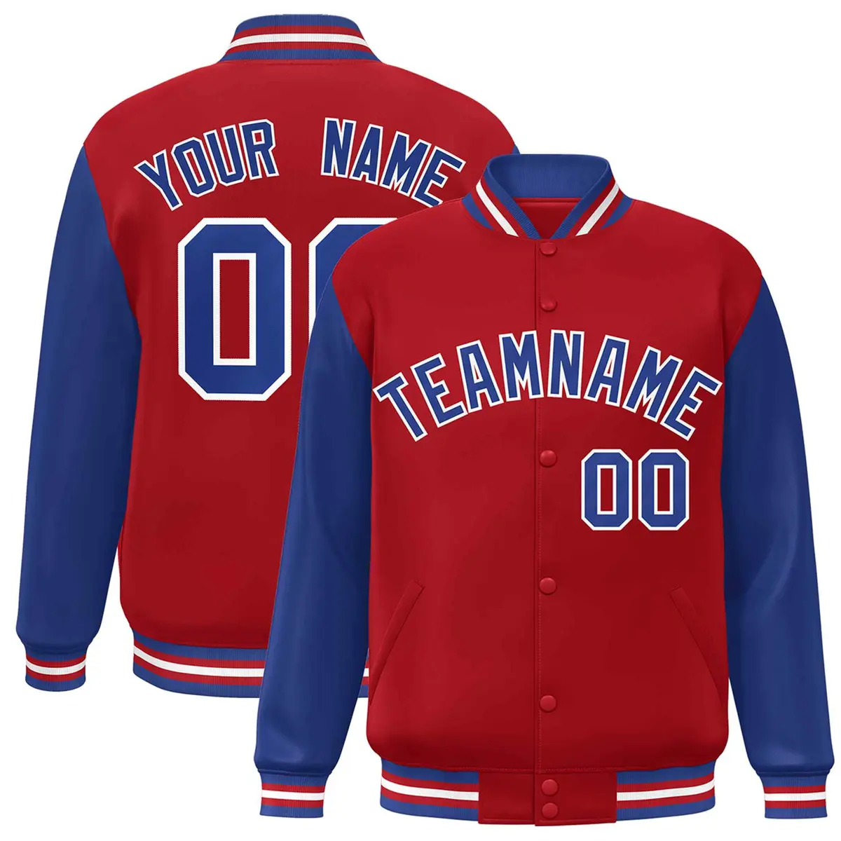Red Royal-White Raglan Sleeves Varsity Full-Snap Letterman Jacket
