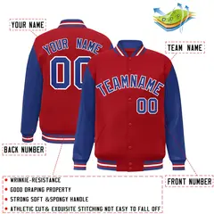 Red Royal-White Raglan Sleeves Varsity Full-Snap Letterman Jacket 2