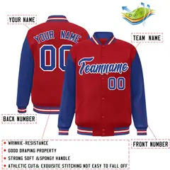 Red Royal-White Raglan Sleeves Varsity Full-Snap Letterman Jacket 2