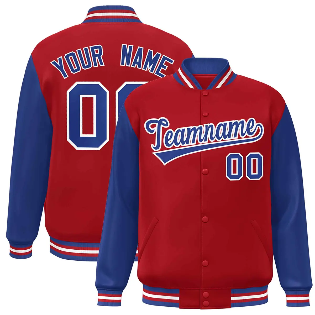 Red Royal-White Raglan Sleeves Varsity Full-Snap Letterman Jacket