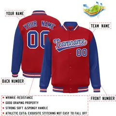 Red Royal-White Raglan Sleeves Varsity Full-Snap Letterman Jacket 2