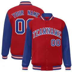 Red Royal-White Raglan Sleeves Varsity Full-Snap Letterman Jacket