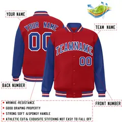 Red Royal-White Raglan Sleeves Varsity Full-Snap Letterman Jacket 2