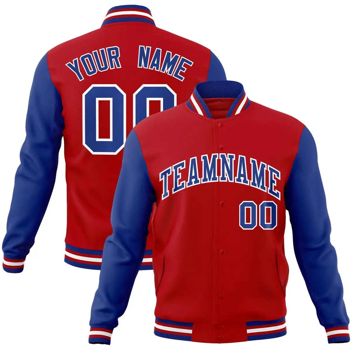 Red Royal-White Raglan Sleeves Varsity Full-Snap Letterman Jacket