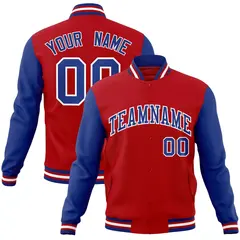 Red Royal-White Raglan Sleeves Varsity Full-Snap Letterman Jacket