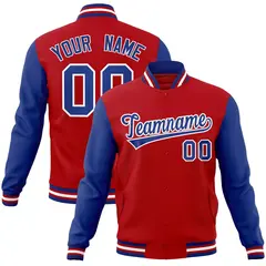 Red Royal-White Raglan Sleeves Varsity Full-Snap Letterman Jacket 1