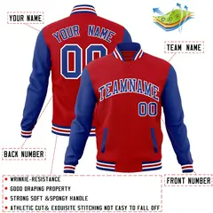 Red Royal-White Raglan Sleeves Varsity Full-Snap Letterman Jacket 4