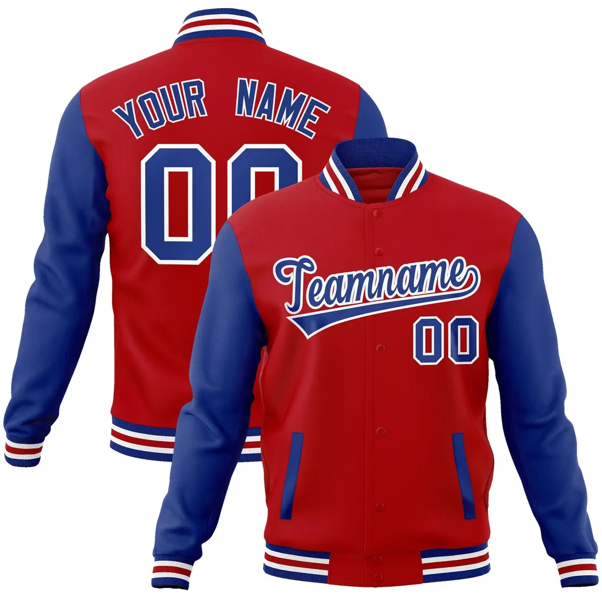 Red Royal-White Raglan Sleeves Varsity Full-Snap Letterman Jacket