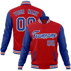 Red Royal-White Raglan Sleeves Varsity Full-Snap Letterman Jacket 1