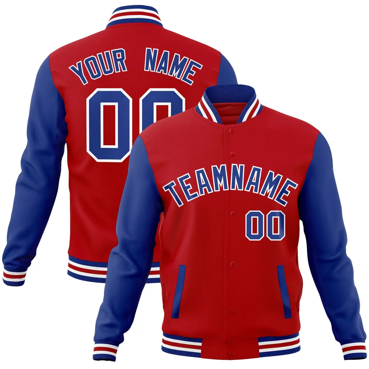 Red Royal-White Raglan Sleeves Varsity Full-Snap Letterman Jacket