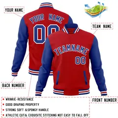 Red Royal-White Raglan Sleeves Varsity Full-Snap Letterman Jacket 4