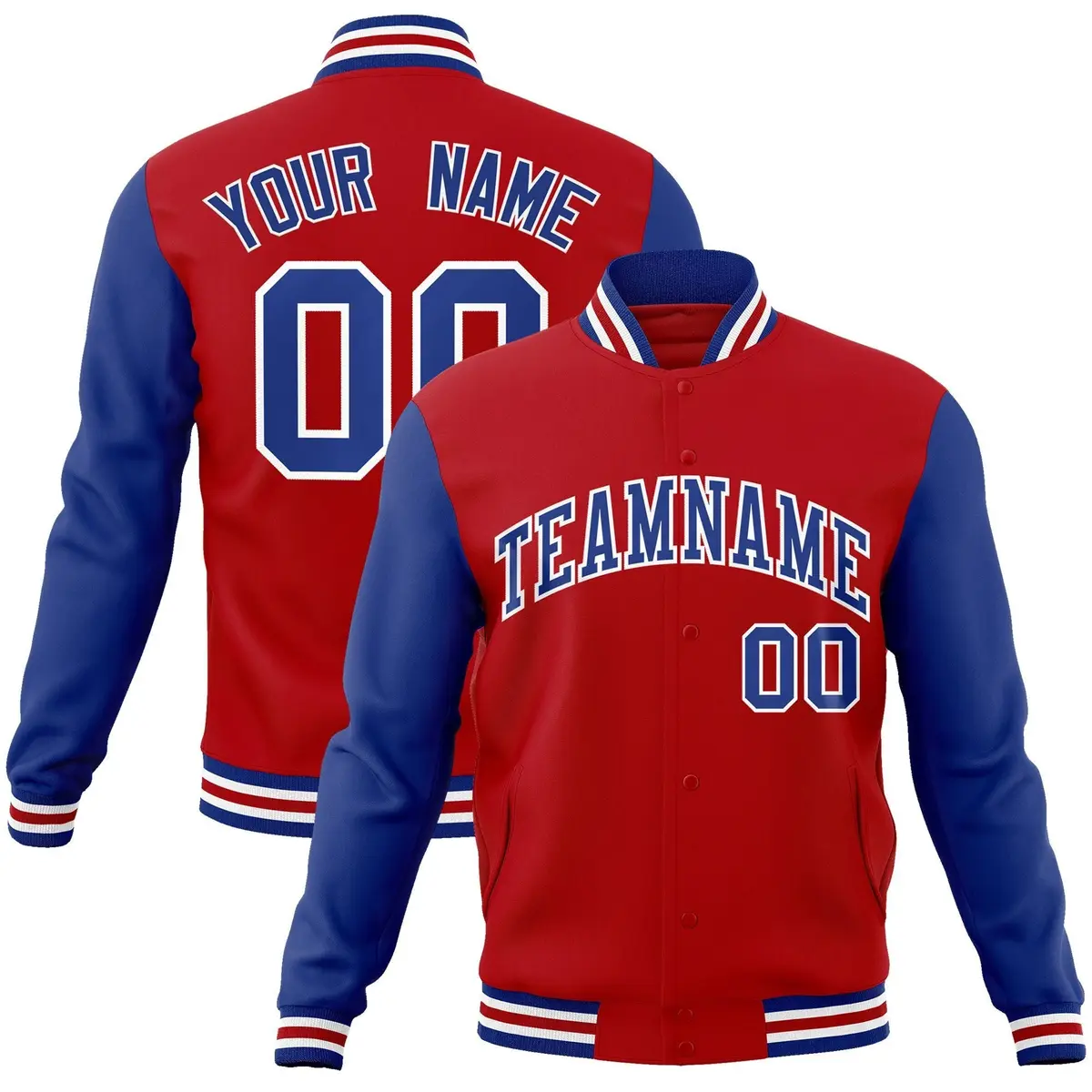 Red Royal-White Raglan Sleeves Varsity Full-Snap Letterman Jacket