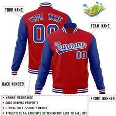 Red Royal-White Raglan Sleeves Varsity Full-Snap Letterman Jacket 4