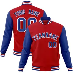 Red Royal-White Raglan Sleeves Varsity Full-Snap Letterman Jacket 1