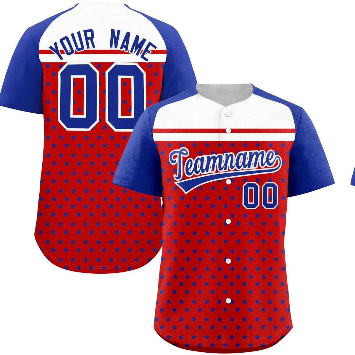 Red Royal-White Raglan Star Print Baseball Jersey