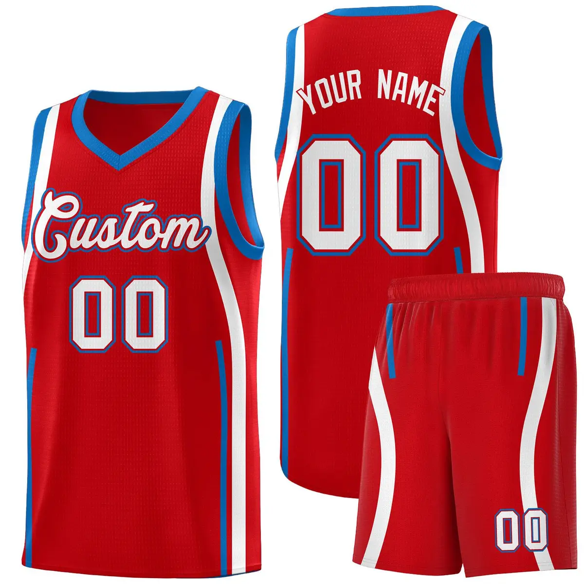 Red Royal-White Ribbon Pattern Basketball Kits
