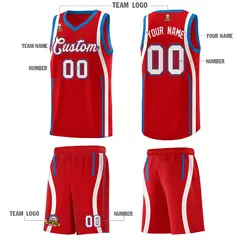 Red Royal-White Ribbon Pattern Basketball Kits 5