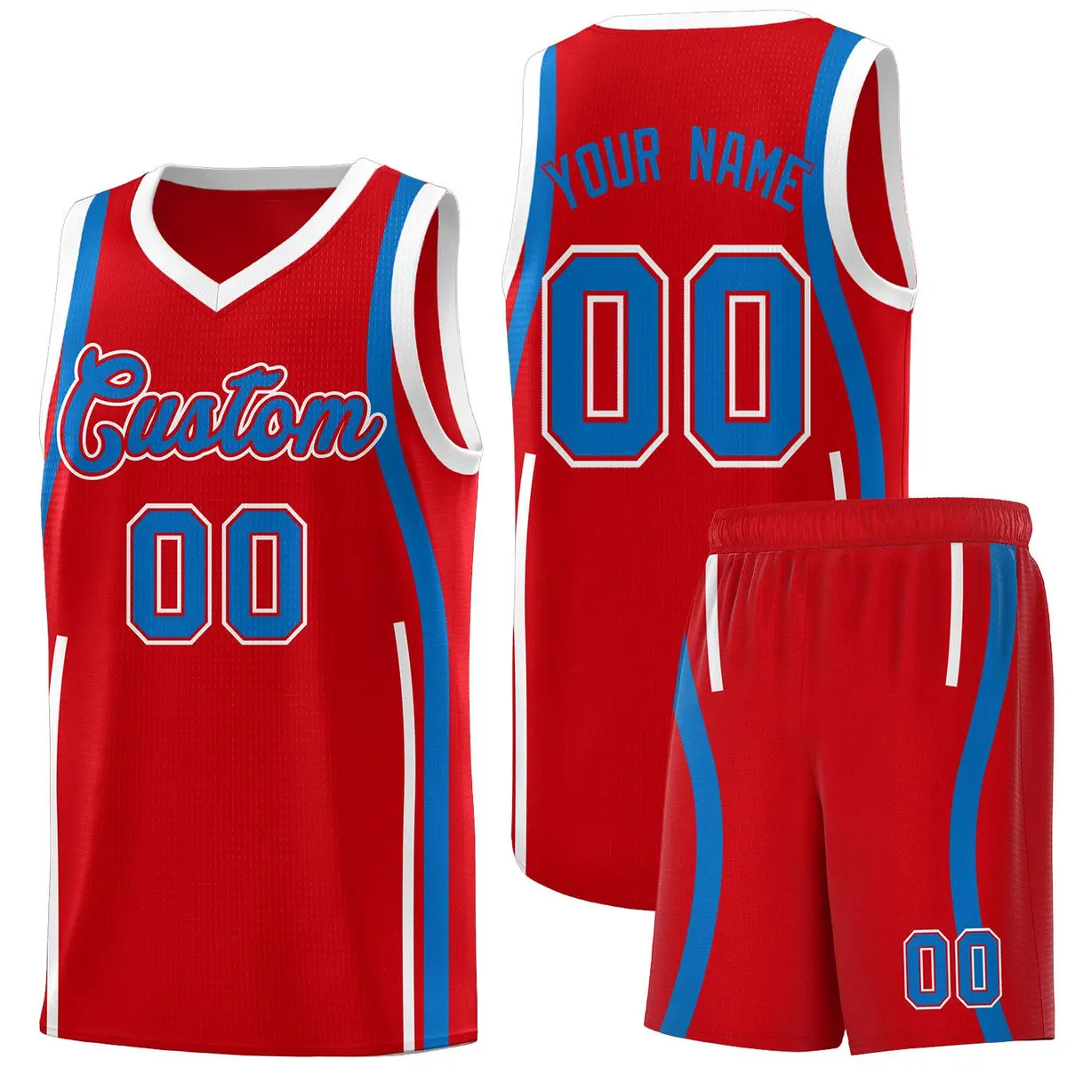 Red Royal-White Ribbon Pattern Basketball Kits