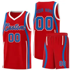 Red Royal-White Ribbon Pattern Basketball Kits 1