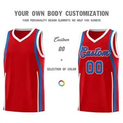 Red Royal-White Ribbon Pattern Basketball Kits 3