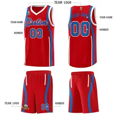 Red Royal-White Ribbon Pattern Basketball Kits 5