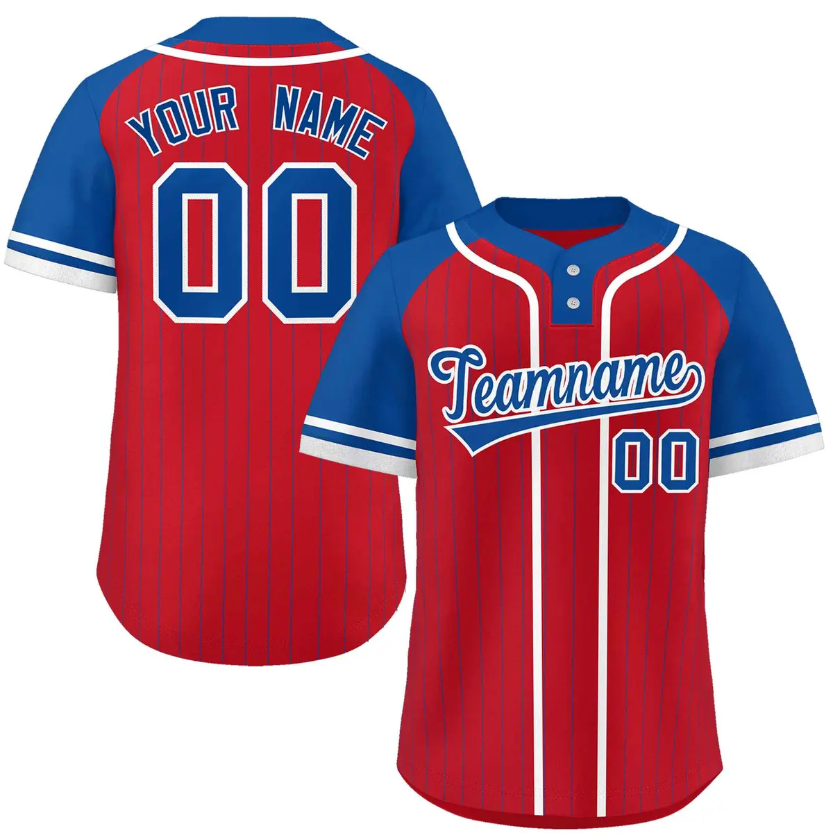 Red Royal-White Stripe Raglan Two-Button Softball Jersey