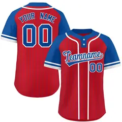 Red Royal-White Stripe Raglan Two-Button Softball Jersey 1