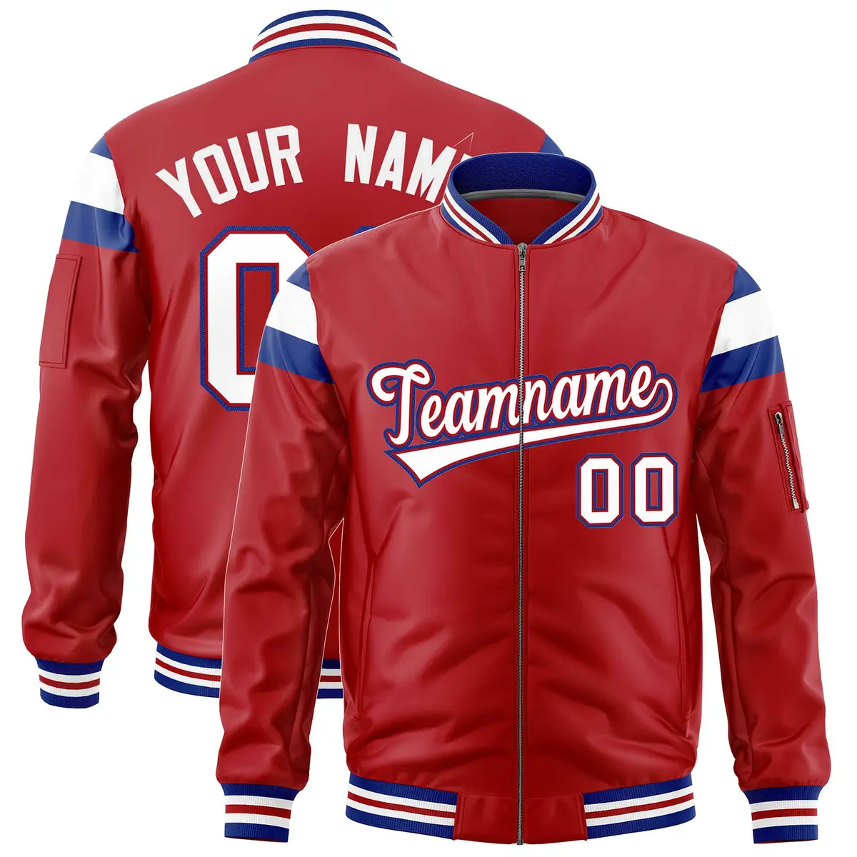 Red Royal-White Varsity Full-Zip Shoulder Color Block Letterman Bomber Jacket