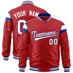 Red Royal-White Varsity Full-Zip Shoulder Color Block Letterman Bomber Jacket 1