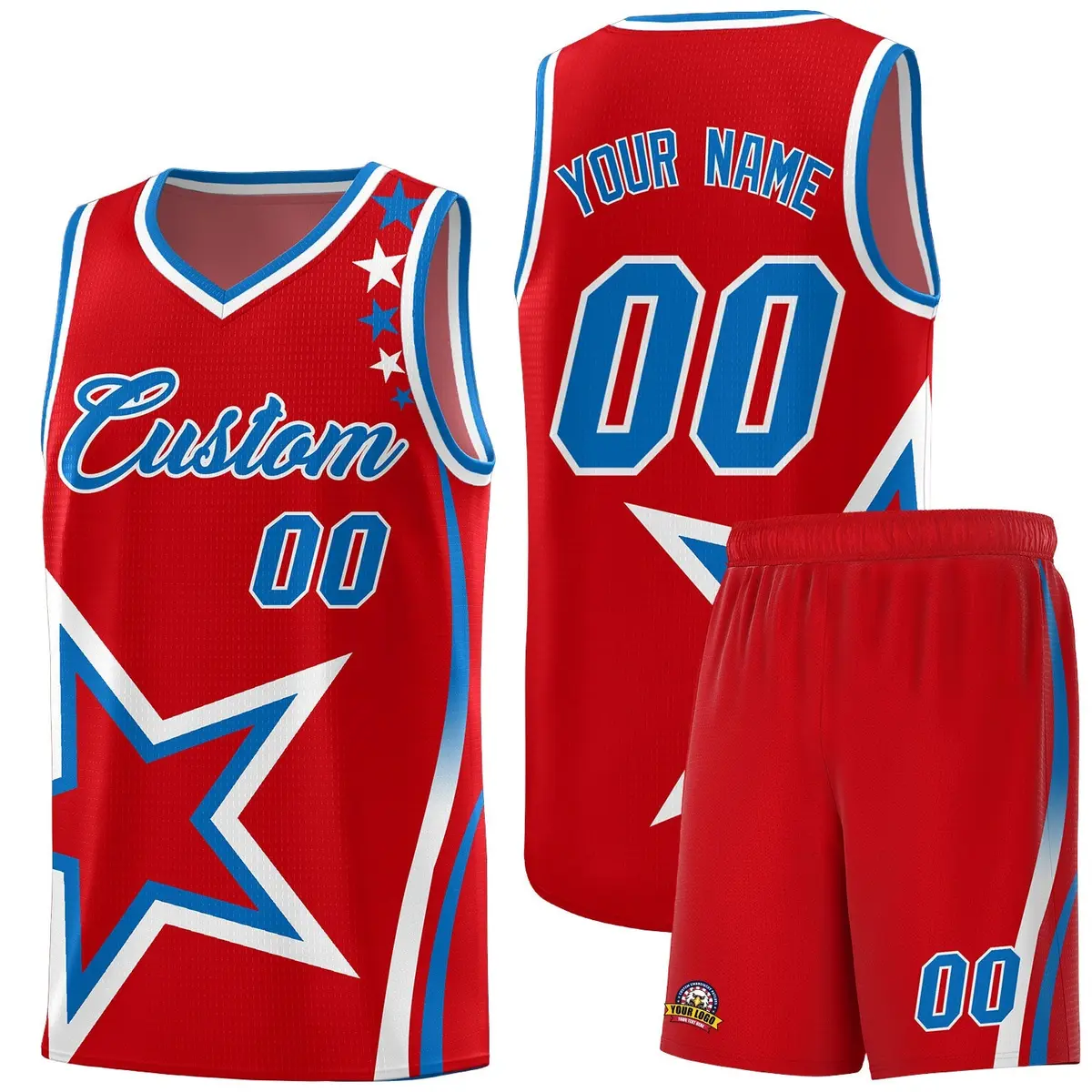 Red Shoulder Stars Graffiti Pattern Basketball Jersey