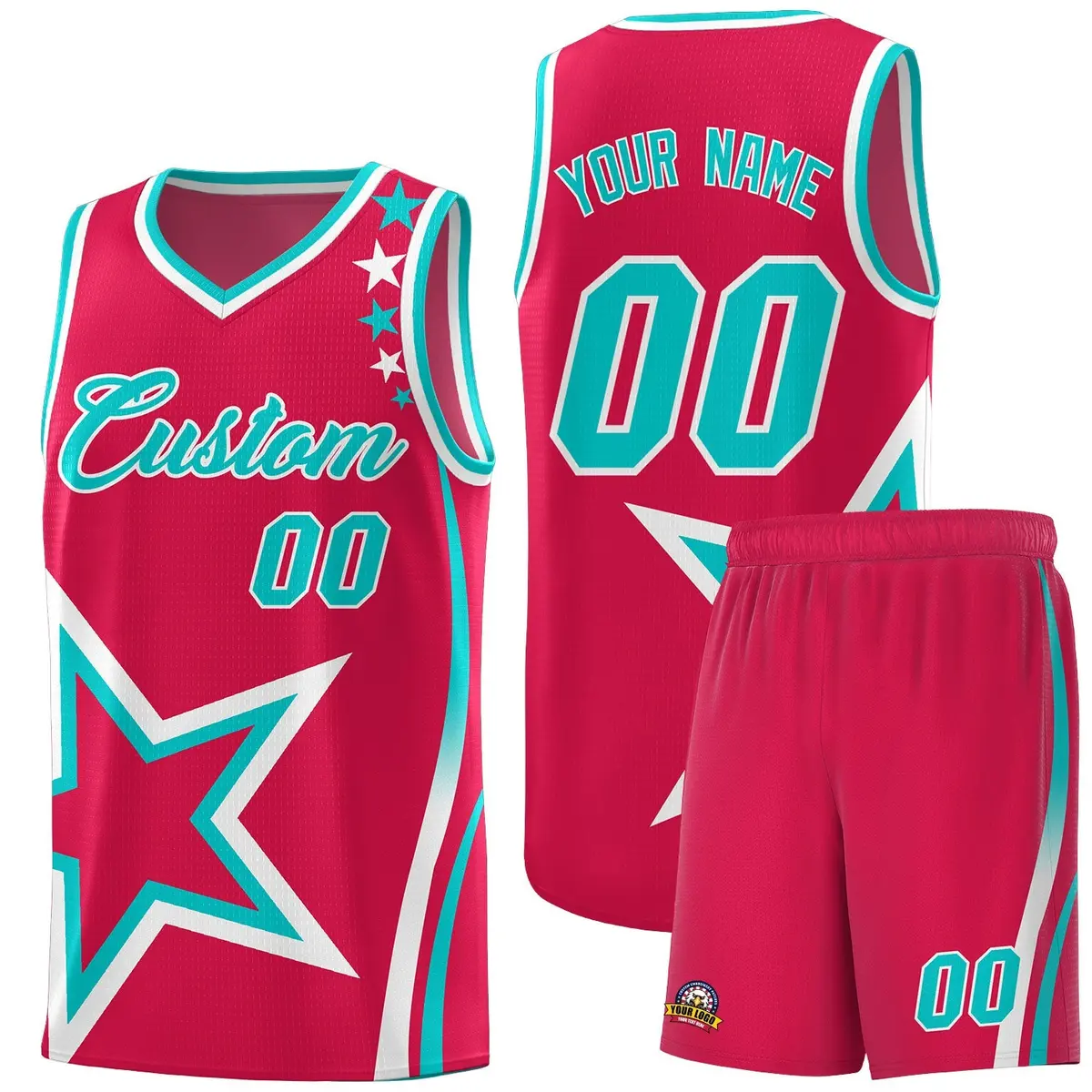 Red Shoulder Stars Graffiti Pattern Basketball Jersey