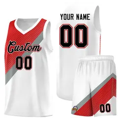 Red Silver Gray White Diagonal Stripes Color Block Basketball Jersey