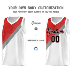Red Silver Gray White Diagonal Stripes Color Block Basketball Jersey 3
