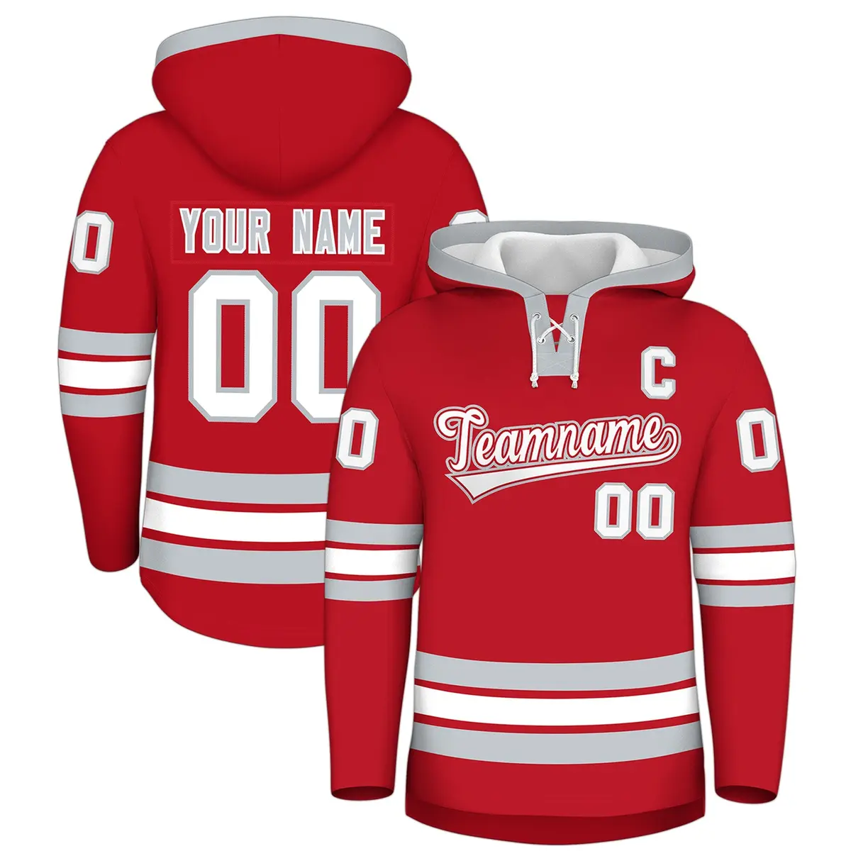 Red Silver Lace-Up Neck Hockey Hoodie Classic Style