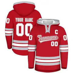 Red Silver Lace-Up Neck Hockey Hoodie Classic Style