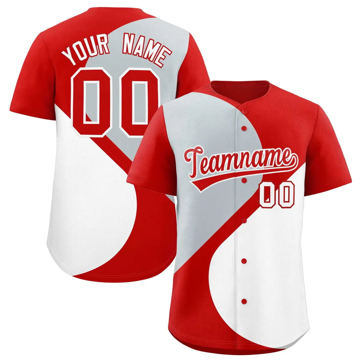 Red Silver White Half Heart Color Block Baseball Jersey