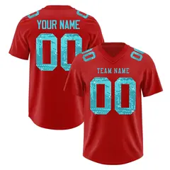Red Sky Blue Sequin Lettering Football Jersey 1