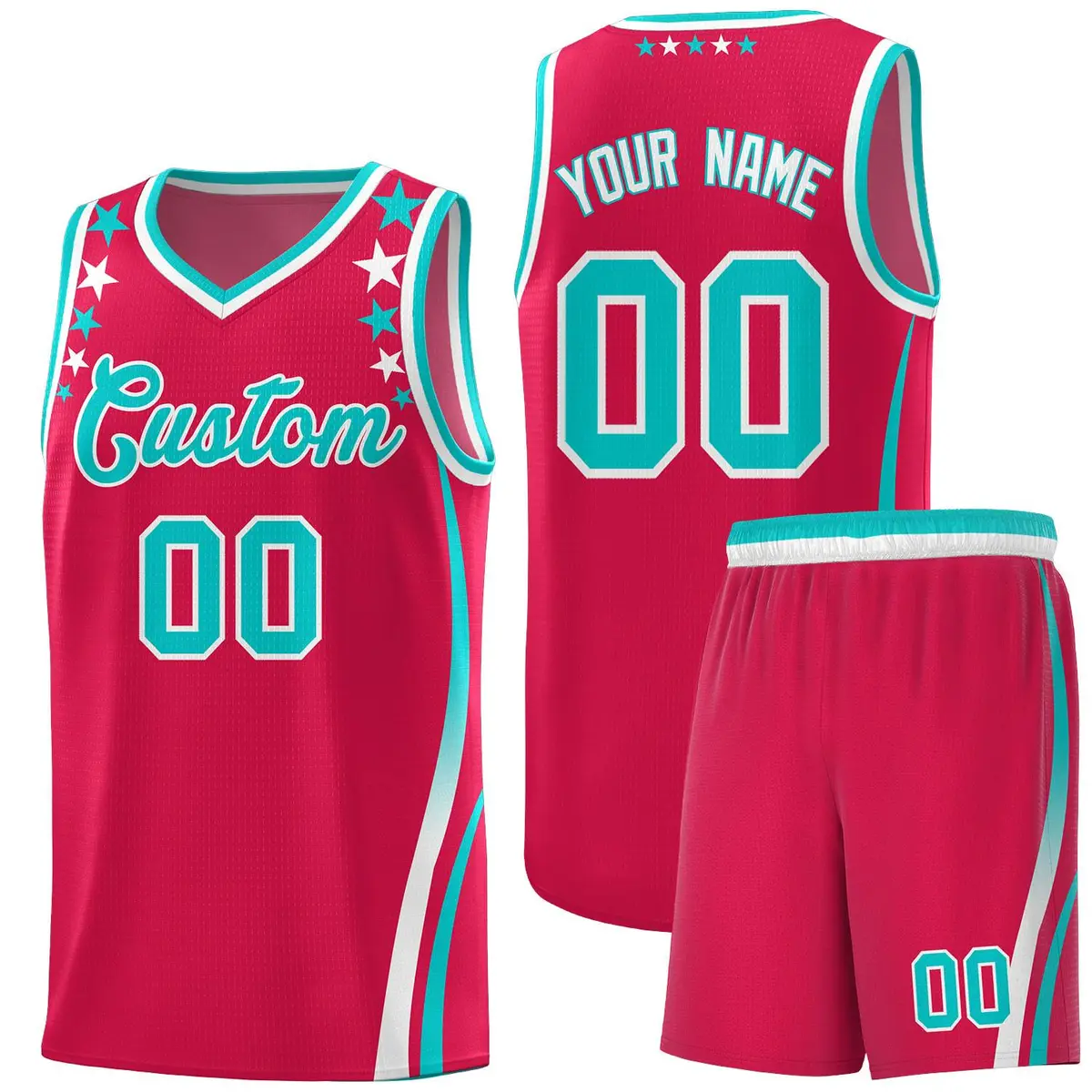 Red Star Pattern Color Block Shoulders Basketball Jersey