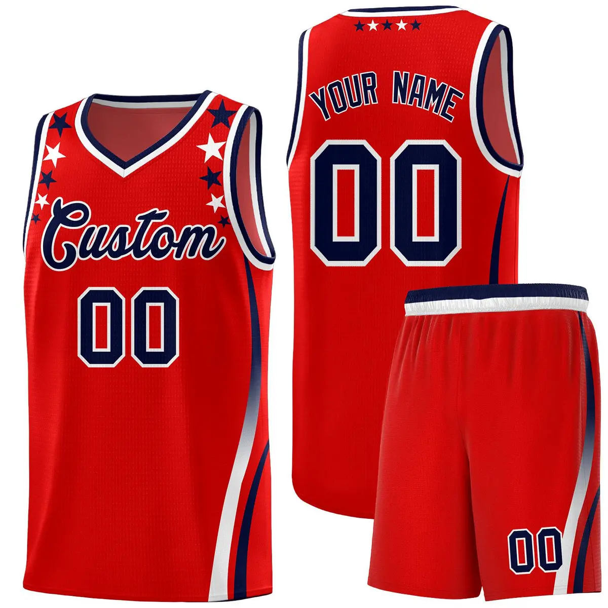 Red Star Pattern Color Block Shoulders Basketball Jersey