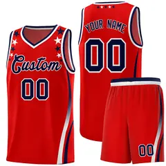 Red Star Pattern Color Block Shoulders Basketball Jersey