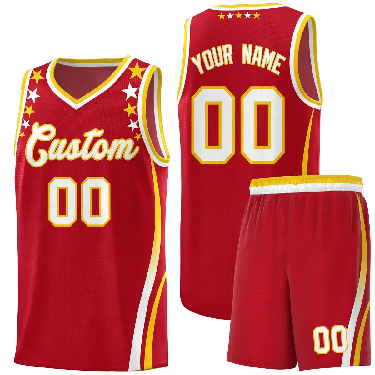 Red Star Pattern Color Block Shoulders Basketball Jersey