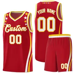 Red Star Pattern Color Block Shoulders Basketball Jersey