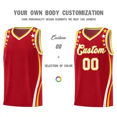 Red Star Pattern Color Block Shoulders Basketball Jersey 3