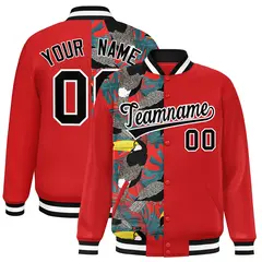 Red Two Tone Split Flower Pattern Varsity Letterman Jacket