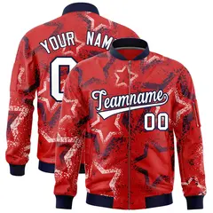 Red Varsity Star Pattern Full-Zip Letterman Bomber Jacket