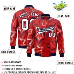 Red Varsity Star Pattern Full-Zip Letterman Bomber Jacket 2