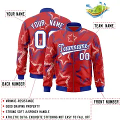 Red Varsity Star Pattern Full-Zip Letterman Bomber Jacket 2